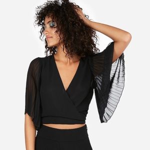 Pleated kimono sleeve surplice wrap blouse